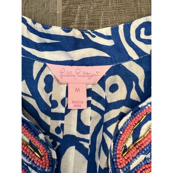 Lilly Pulitzer Sarasota Beaded Tunic Size Medium Cotton Blue V Neck Paisley - Picture 3 of 11